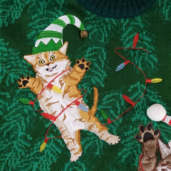 Blizzard Bay Unisex Adult Size Medium Green Tangled Cats Ugly Christmas Sweater - Picture 8 of 14